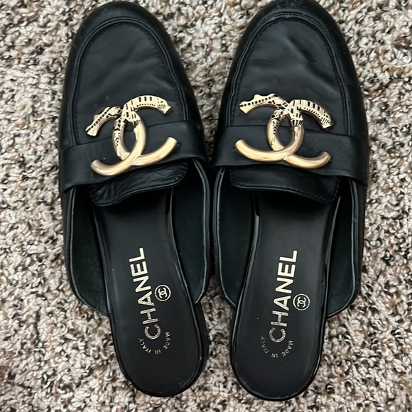CHANEL Shoes - CHANEL Black Leather Logo Mule Clogs with Gold CC Hardware
